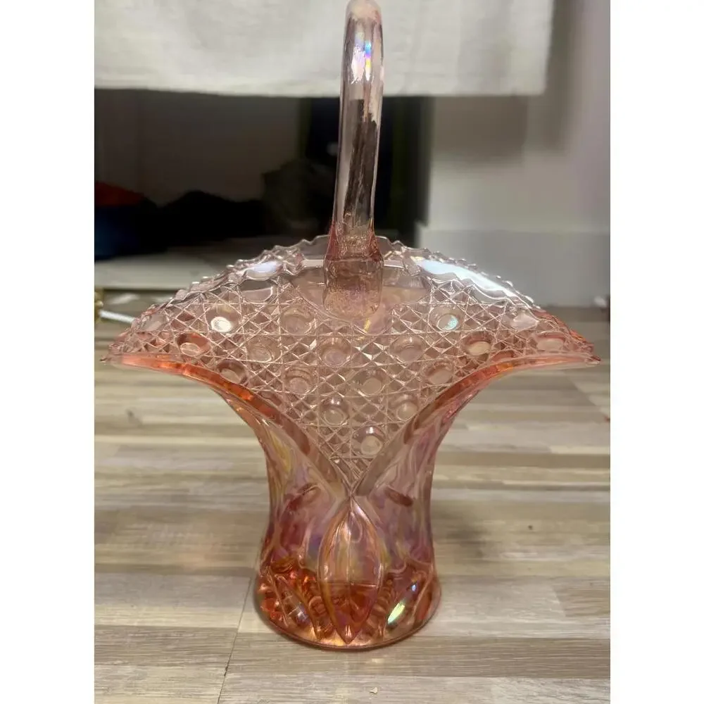 Vintage Pink Carnival Glass Basket Iridescent Hobnail Art Mid Century Decorative